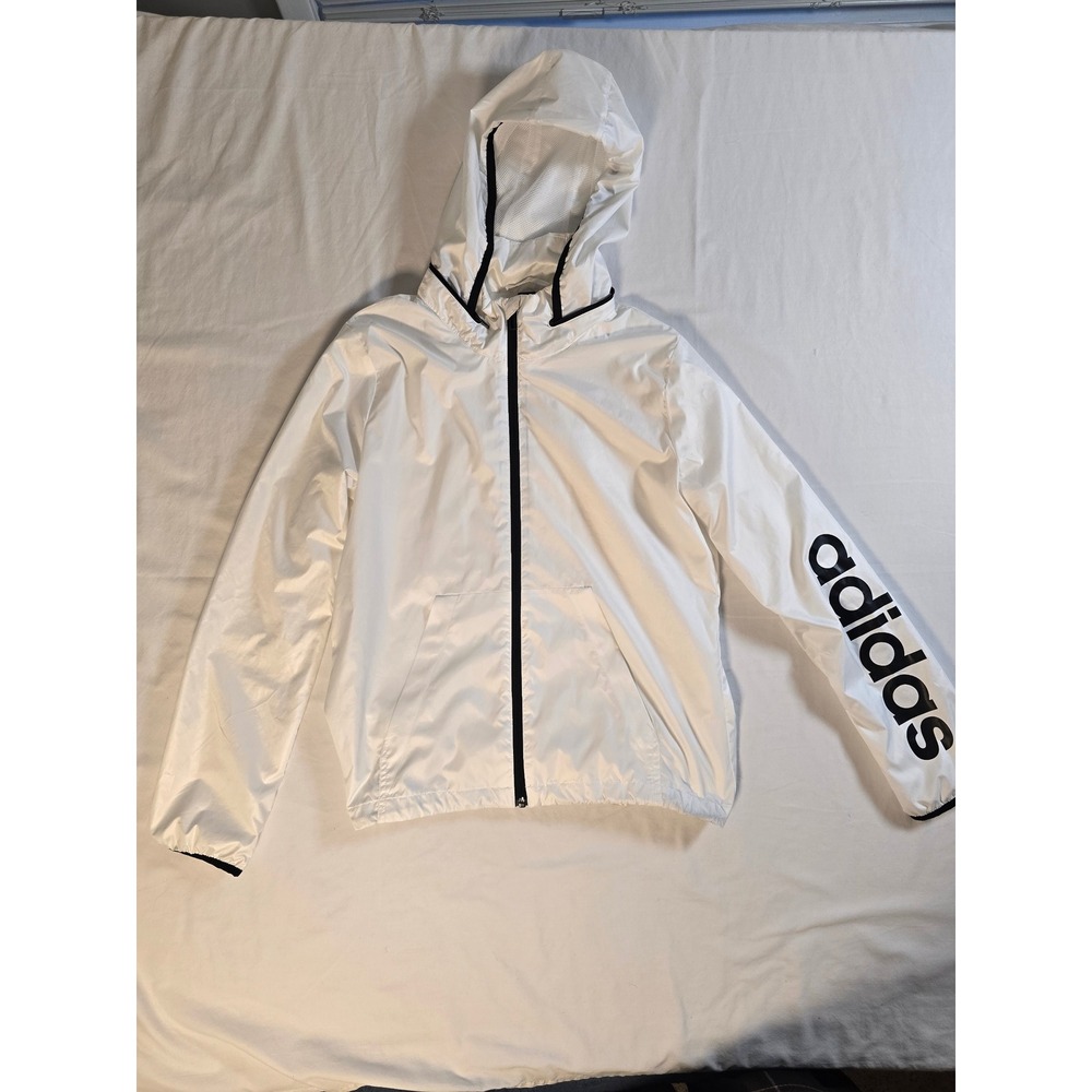 Adidas Womens Windbreaker Jacket White Black Full Zip Hooded‎ S97051 Small